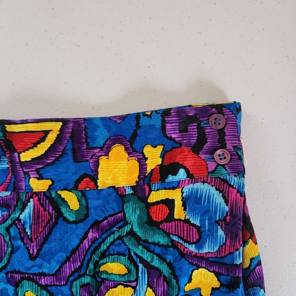 Vintage 90s Blue Funky Print Midi Skirt 1990s High Waisted Summer 100% Silk Sz 8 - Picture 5 of 7